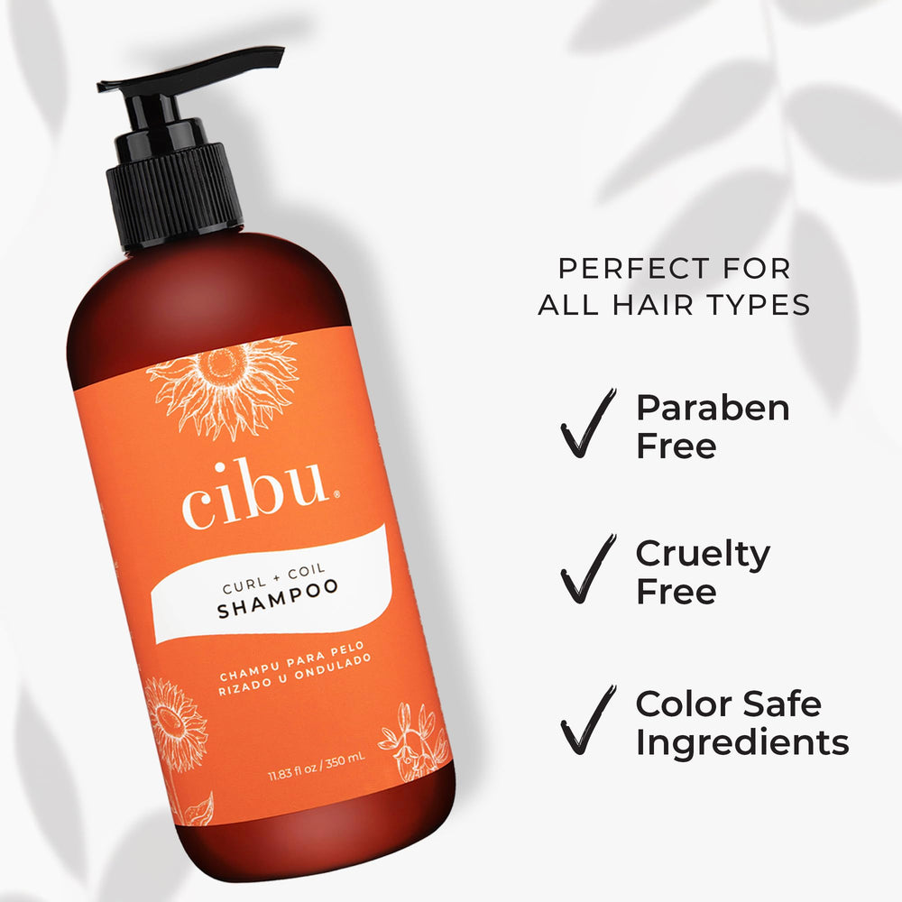 Close-up of CIBU Curl + Coil Shampoo on hair showing defined curls and shine.
