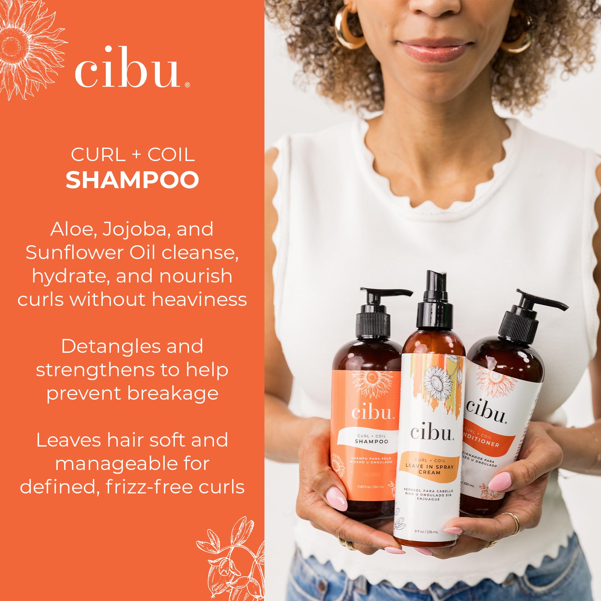 CIBU Curl + Coil Shampoo hair rinsing scene showing scalp-to-ends cleanse.