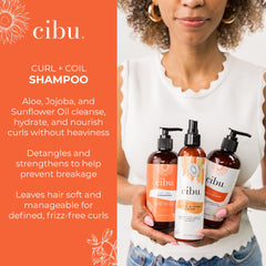 CIBU Curl + Coil Shampoo hair rinsing scene showing scalp-to-ends cleanse.