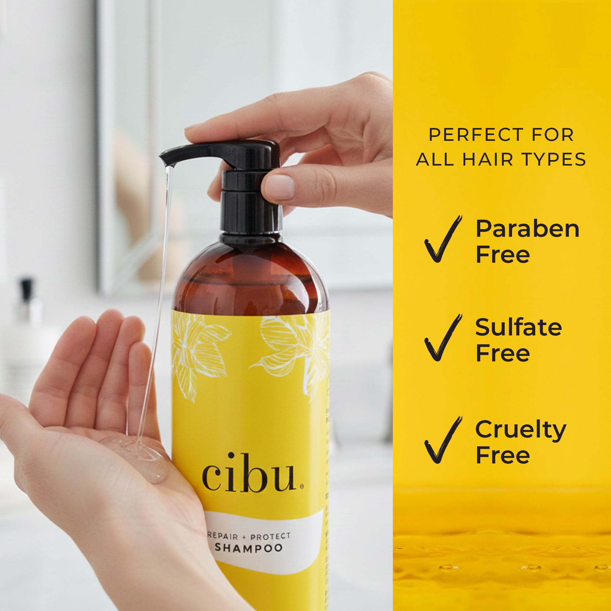 Close-up shows shiny, strengthened hair after washing with CIBU Repair and Protect Shampoo.