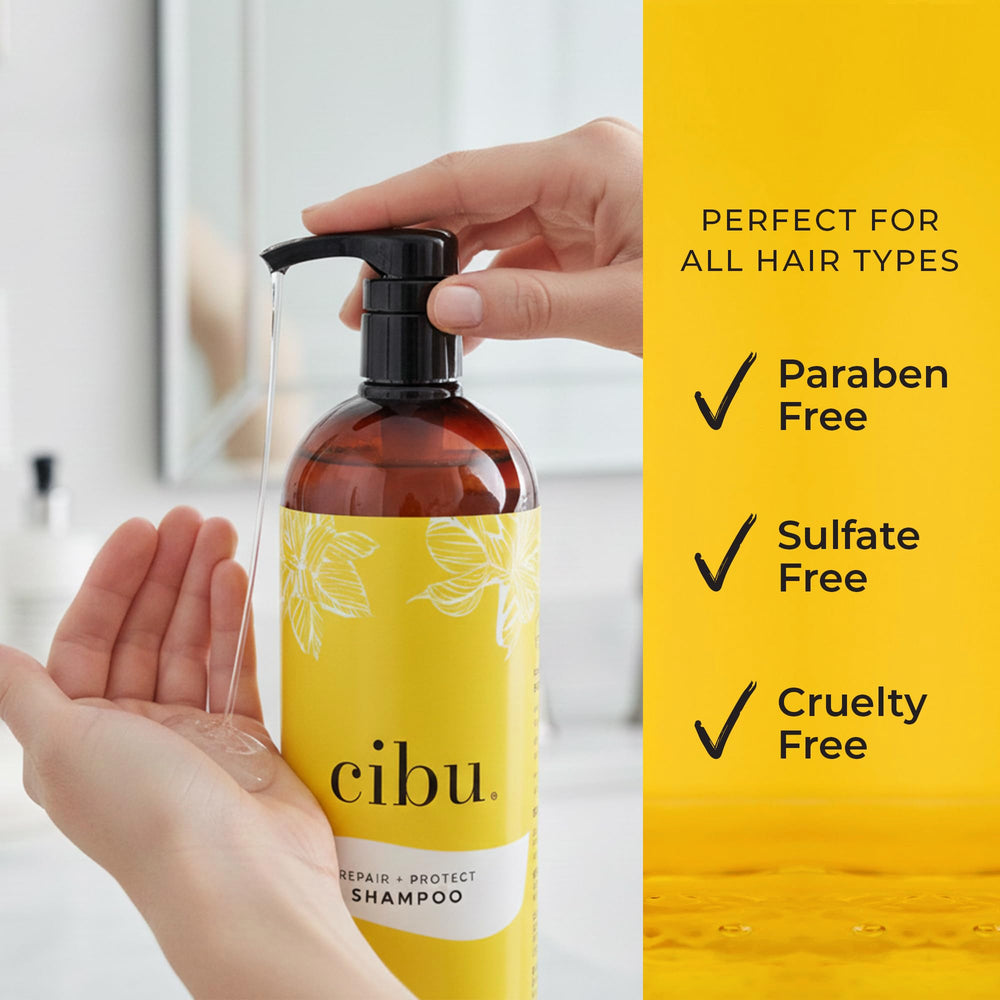 Close-up shows shiny, strengthened hair after washing with CIBU Repair and Protect Shampoo.