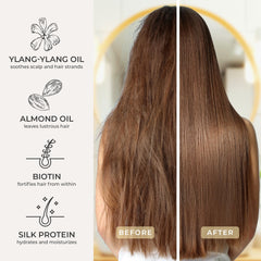 Shampoo application on scalp with CIBU Repair and Protect Shampoo nourishes from roots to tips.