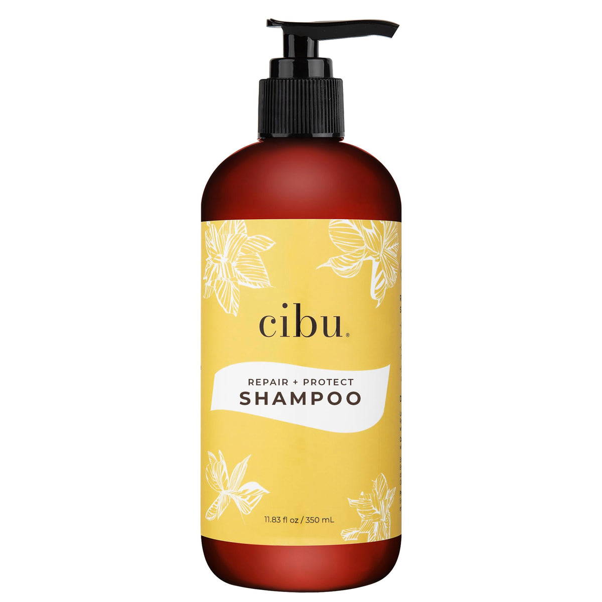 CIBU Repair + Protect shampoo bottle promoting stronger hair with less breakage.