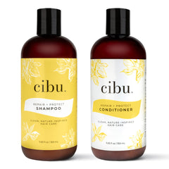 CIBU Repair + Protect shampoo bottle highlighting color-safe formula for damaged hair.