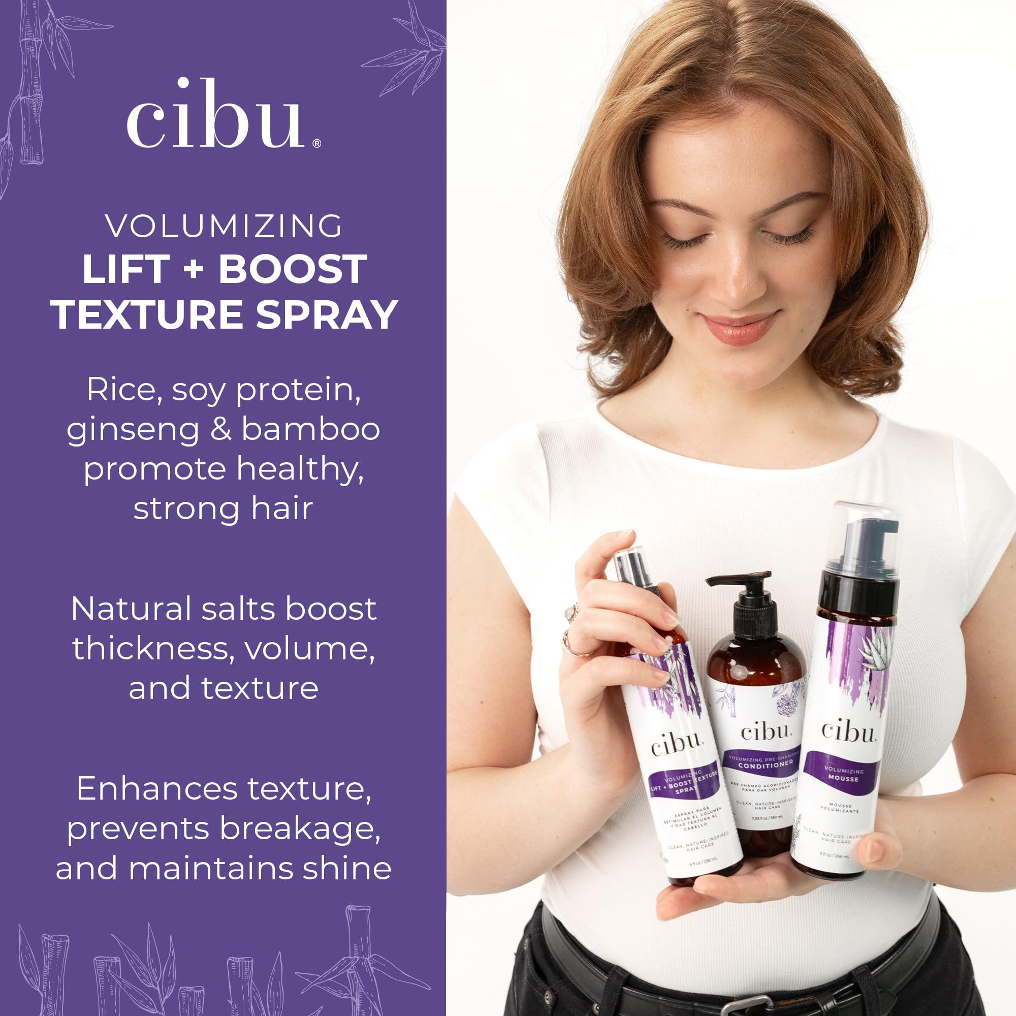CIBU Volume Lift Texture Spray packaging highlighting its nutrient-rich formula.
