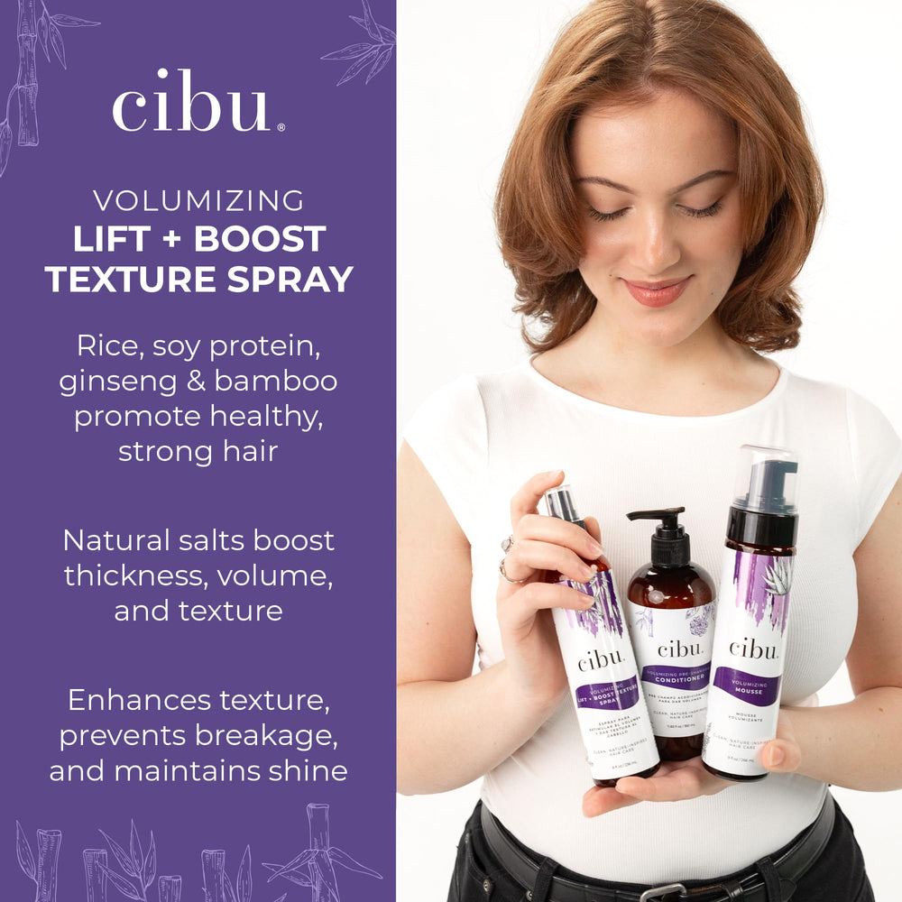 CIBU Volume Lift Texture Spray packaging highlighting its nutrient-rich formula.