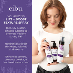 CIBU Volume Lift Texture Spray packaging highlighting its nutrient-rich formula.