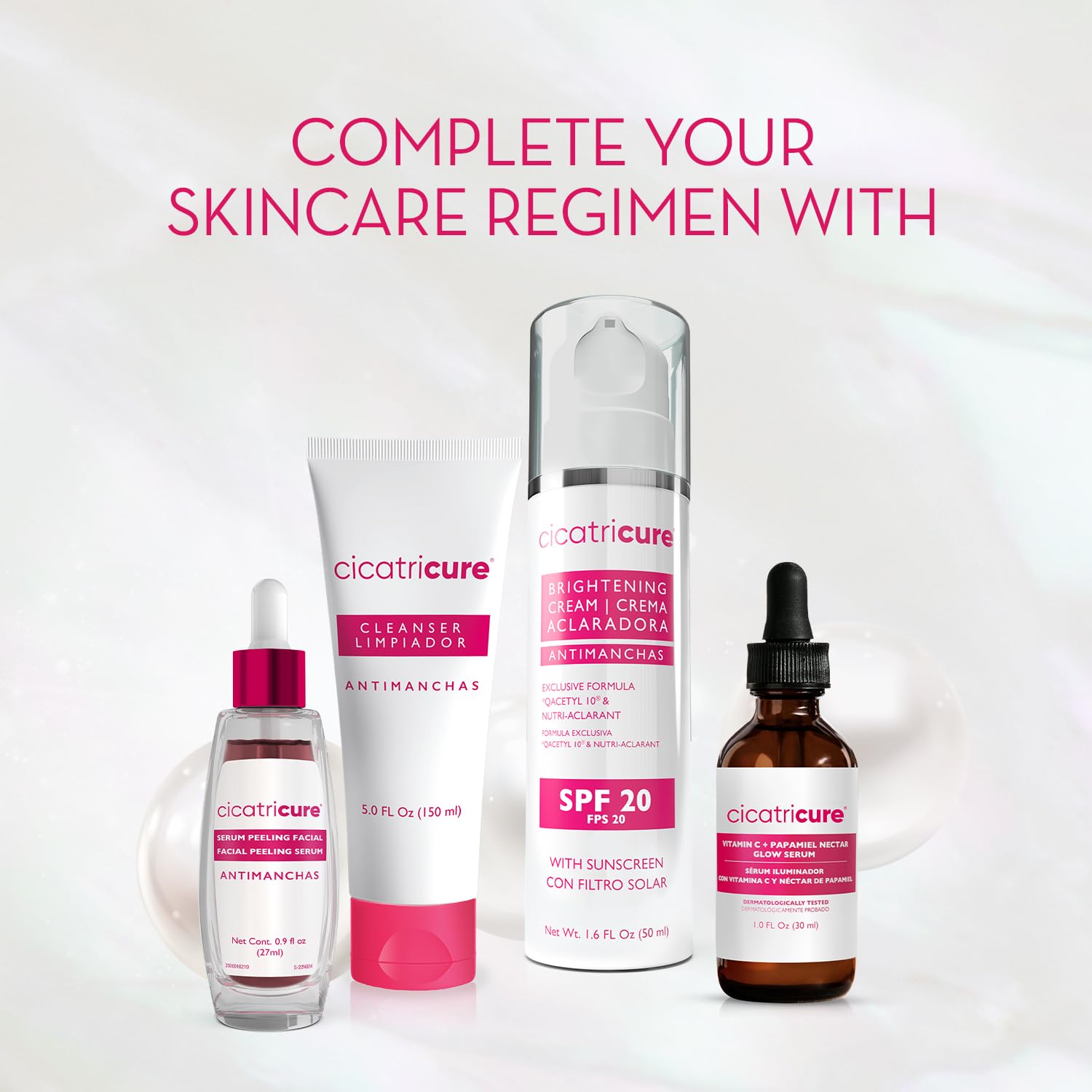 Cicatricure daytime skincare routine with moisturizer and sunscreen.