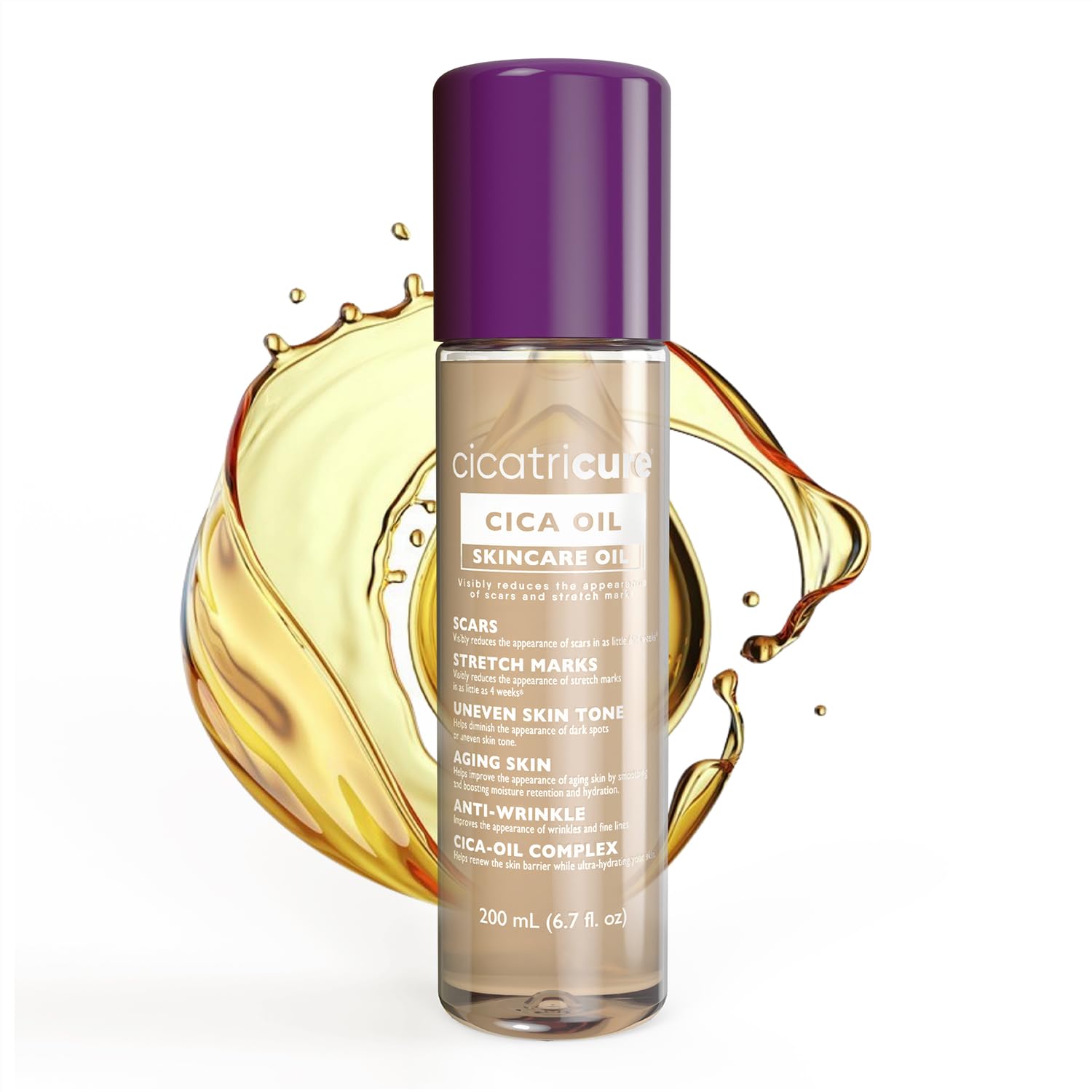 Cicatricure Cica Oil bottle front—sleek packaging for stretch marks care.