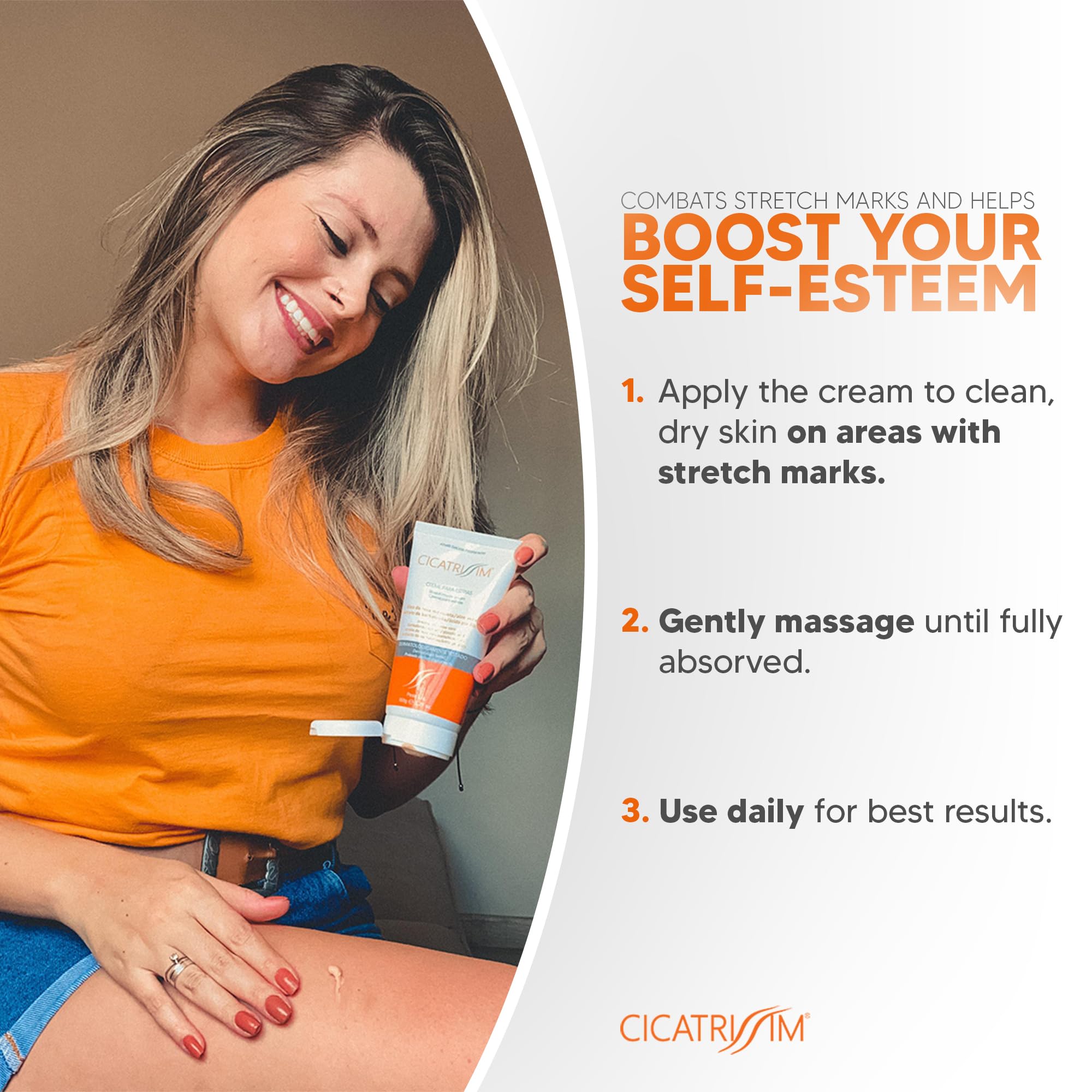 Cicatrissim applied to thighs to soften stretch marks