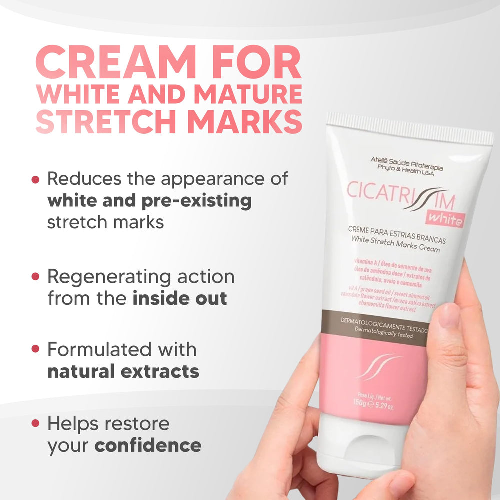 Cicatrissim White packaging front signaling dermatologist-tested, cruelty-free formula.