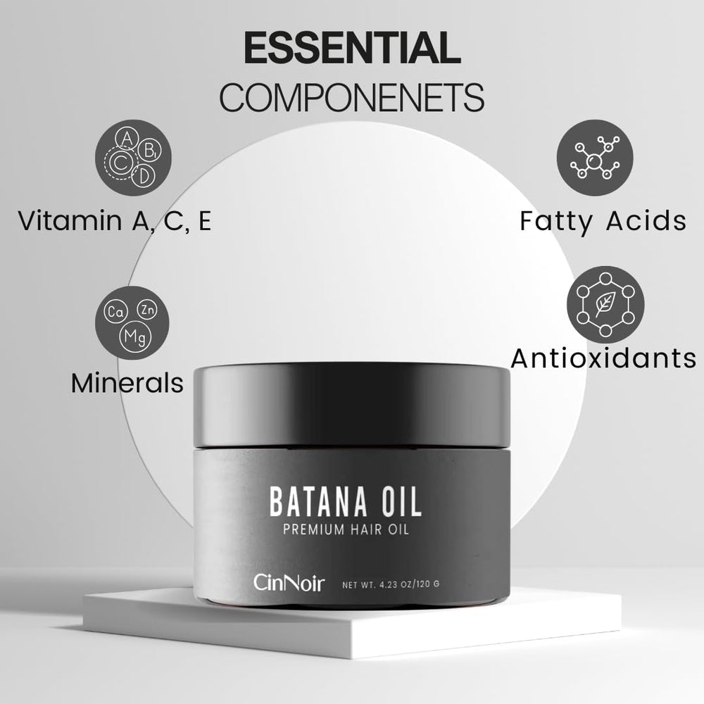 CinNoir Batana Oil ingredients close-up highlighting nutrients for scalp nourishment.