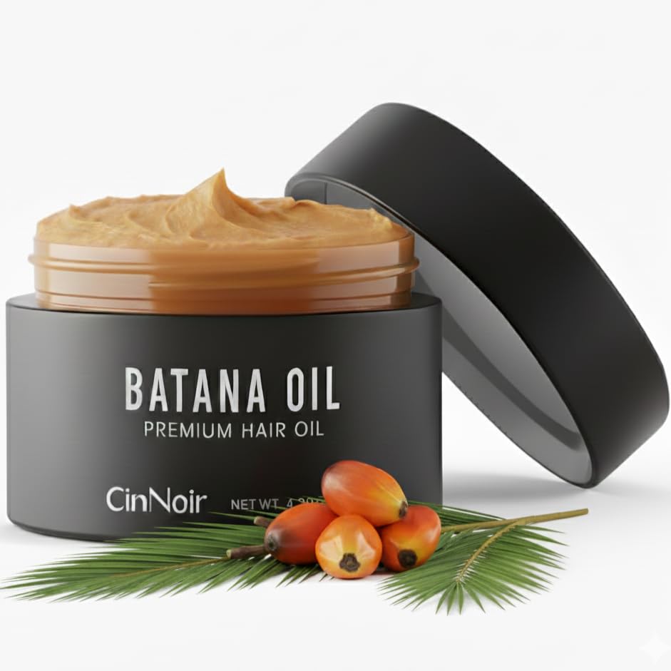 CinNoir Dr Sebi Batana Oil bottle showing raw oil for thicker-looking hair.