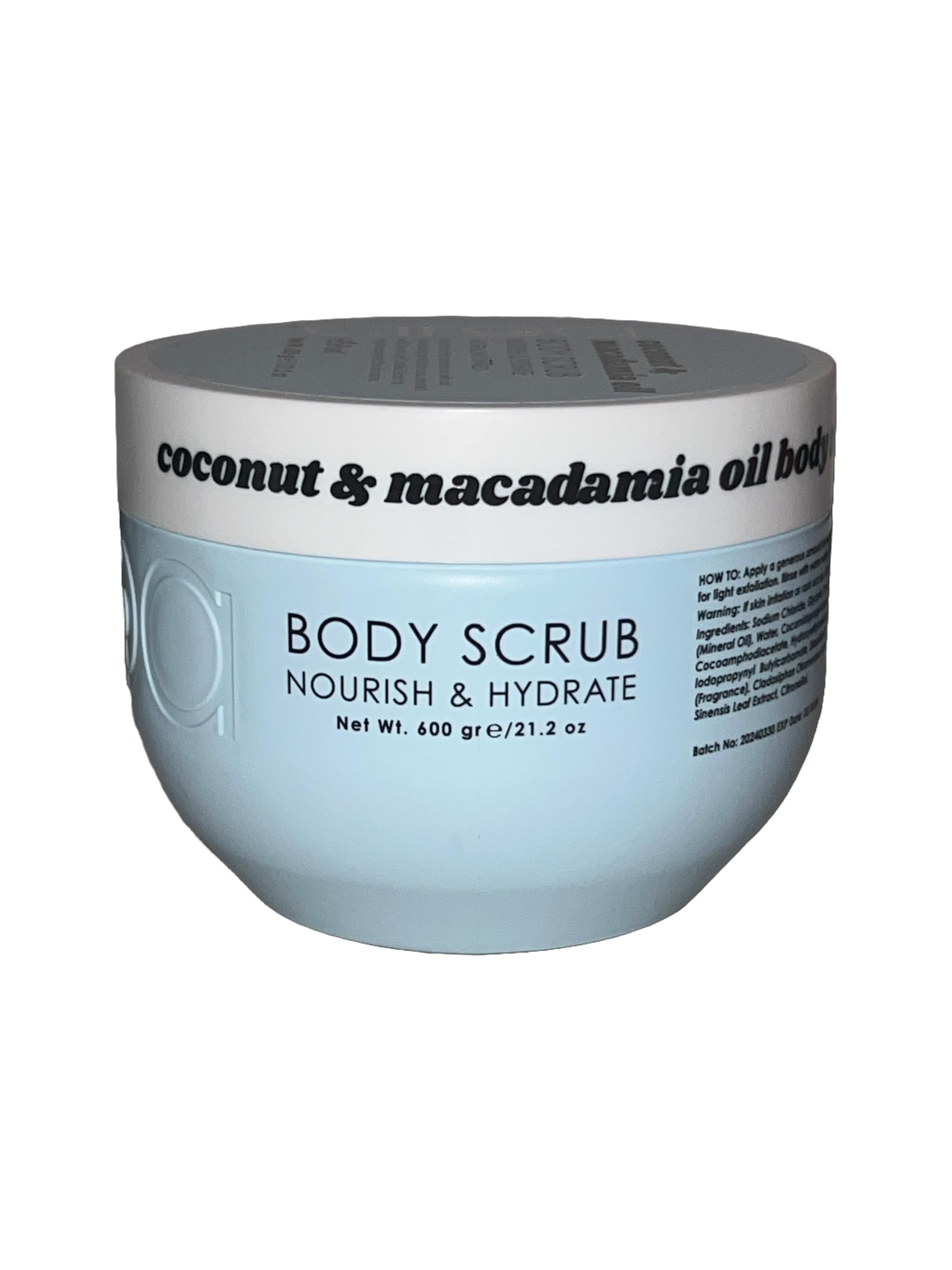 Ciroa Coconut and Macadamia Body Scrub texture shows exfoliating granules for smoother skin.