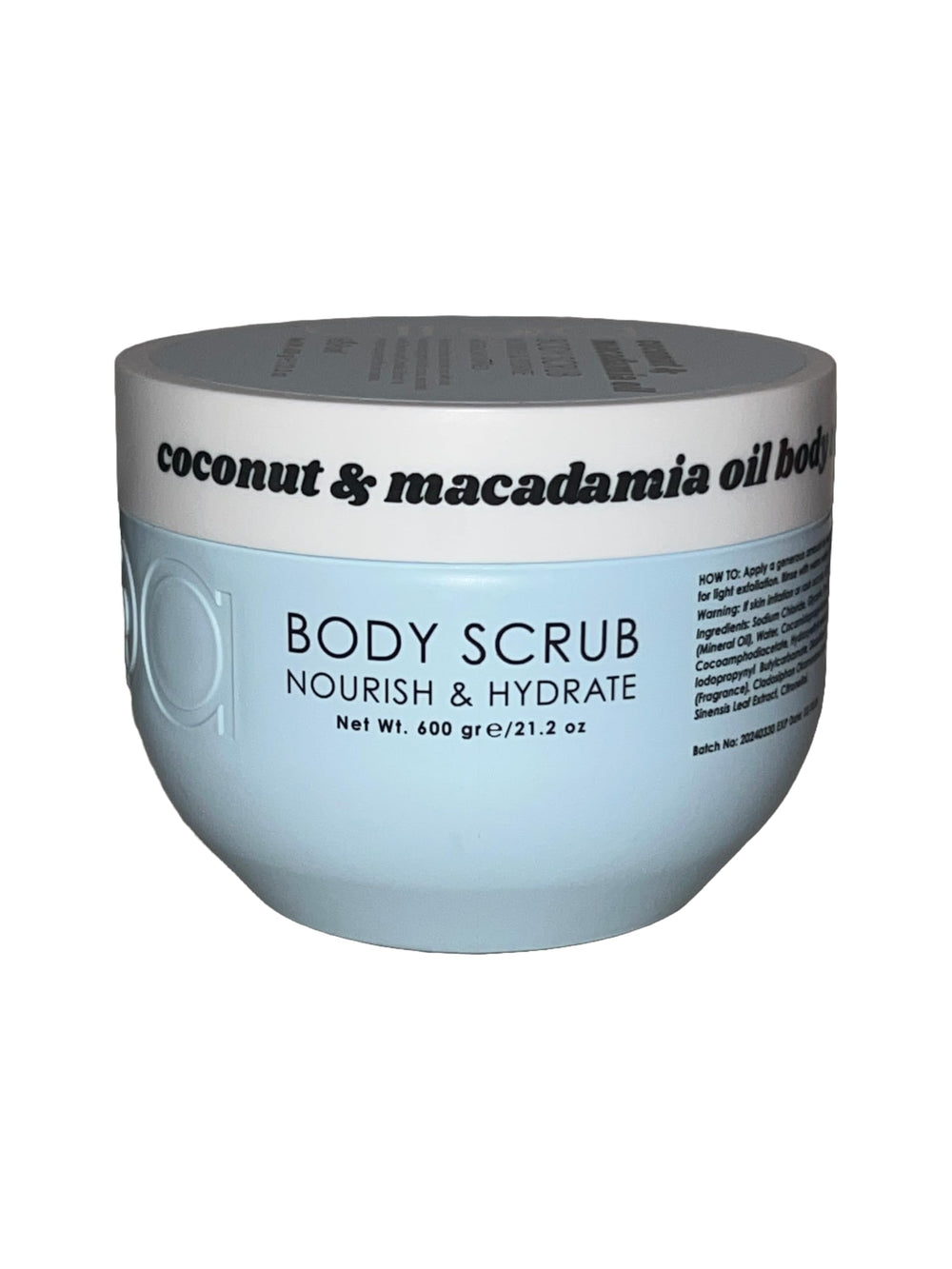 Ciroa Coconut and Macadamia Body Scrub texture shows exfoliating granules for smoother skin.