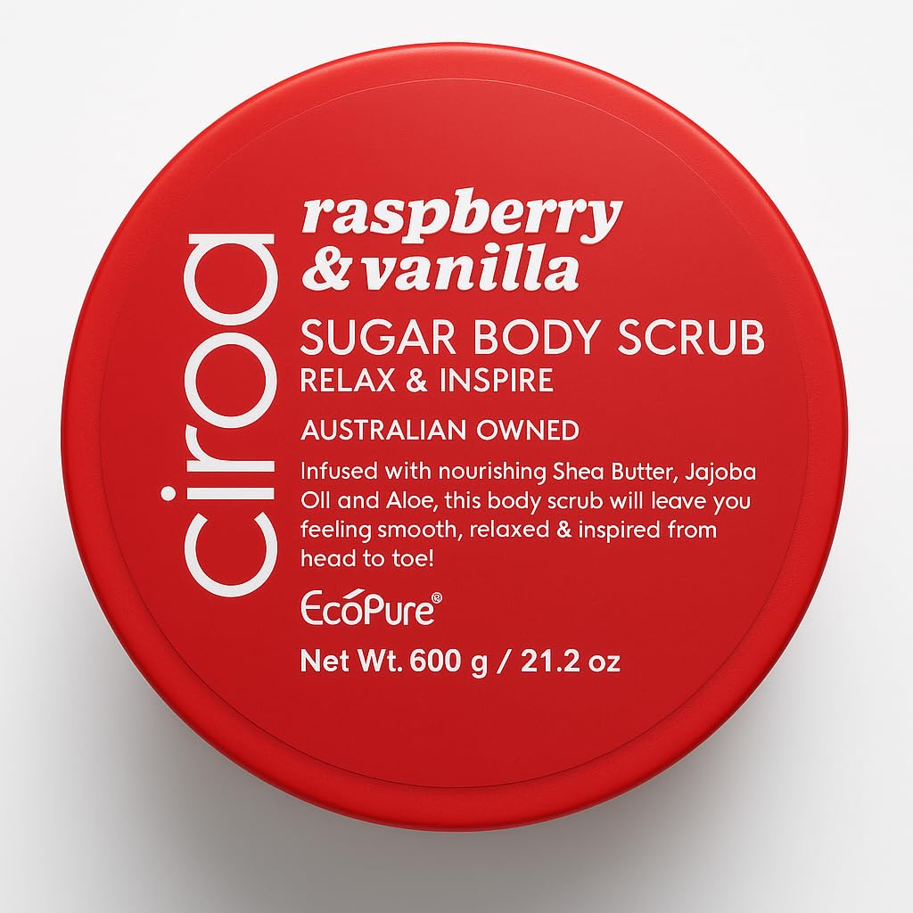 Ciroa Raspberry and Vanilla sugar scrub for silky skin and a spa-like aroma.