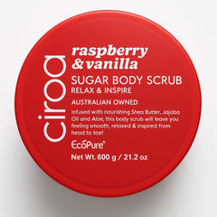 Ciroa Raspberry and Vanilla sugar scrub for silky skin and a spa-like aroma.