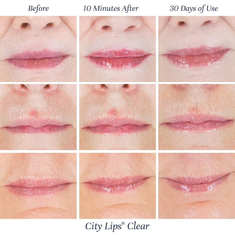 Closeup of City Lips Clear gloss emphasizes a light, non-sticky feel.