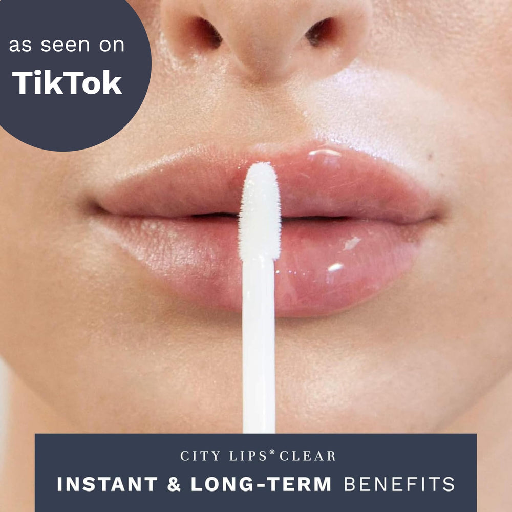 Swatch demonstrates hydration and long-lasting comfort from City Lips Clear gloss.