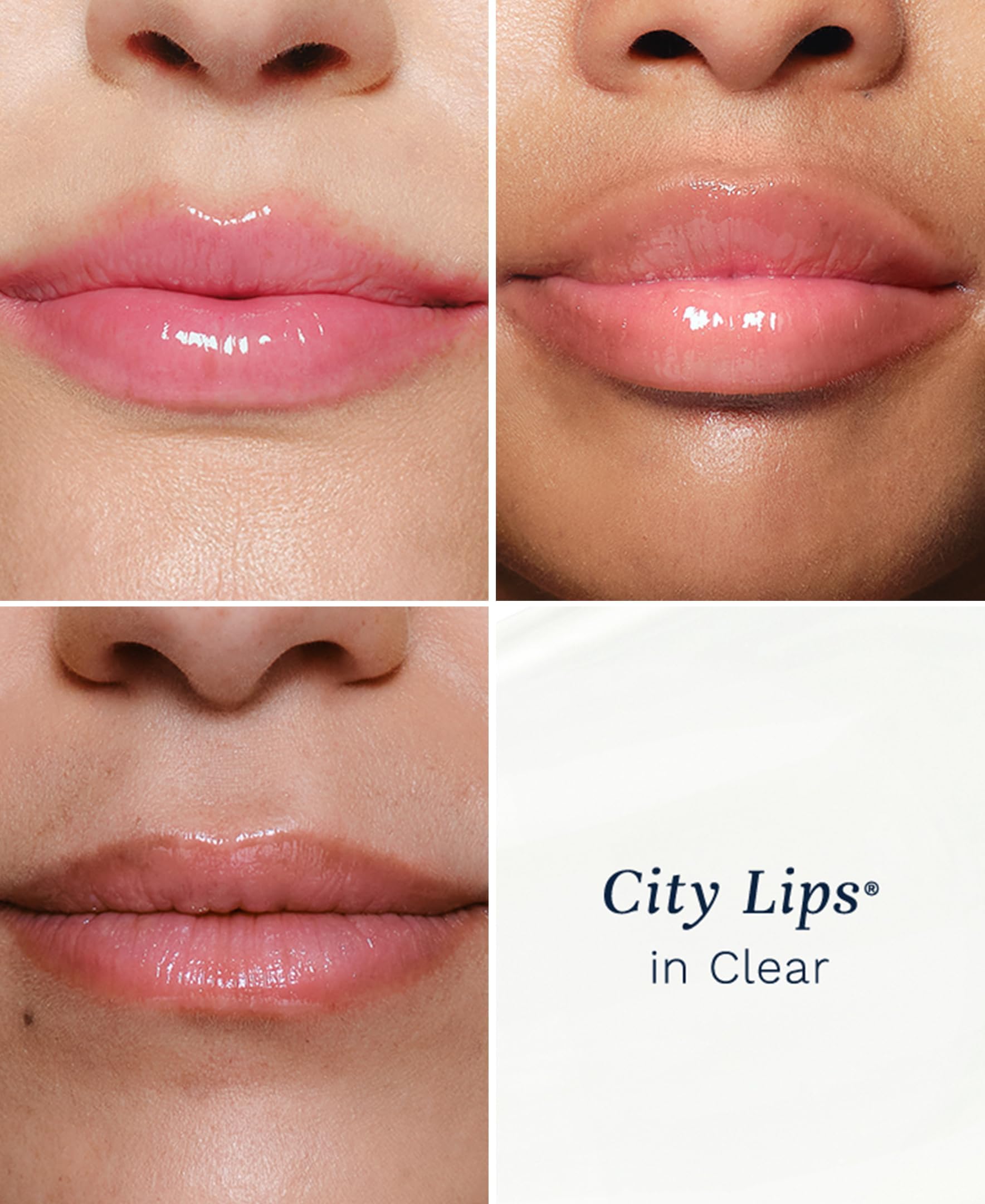 City Lips Clear tube closeup shows tingling sensation and plump-looking lips.