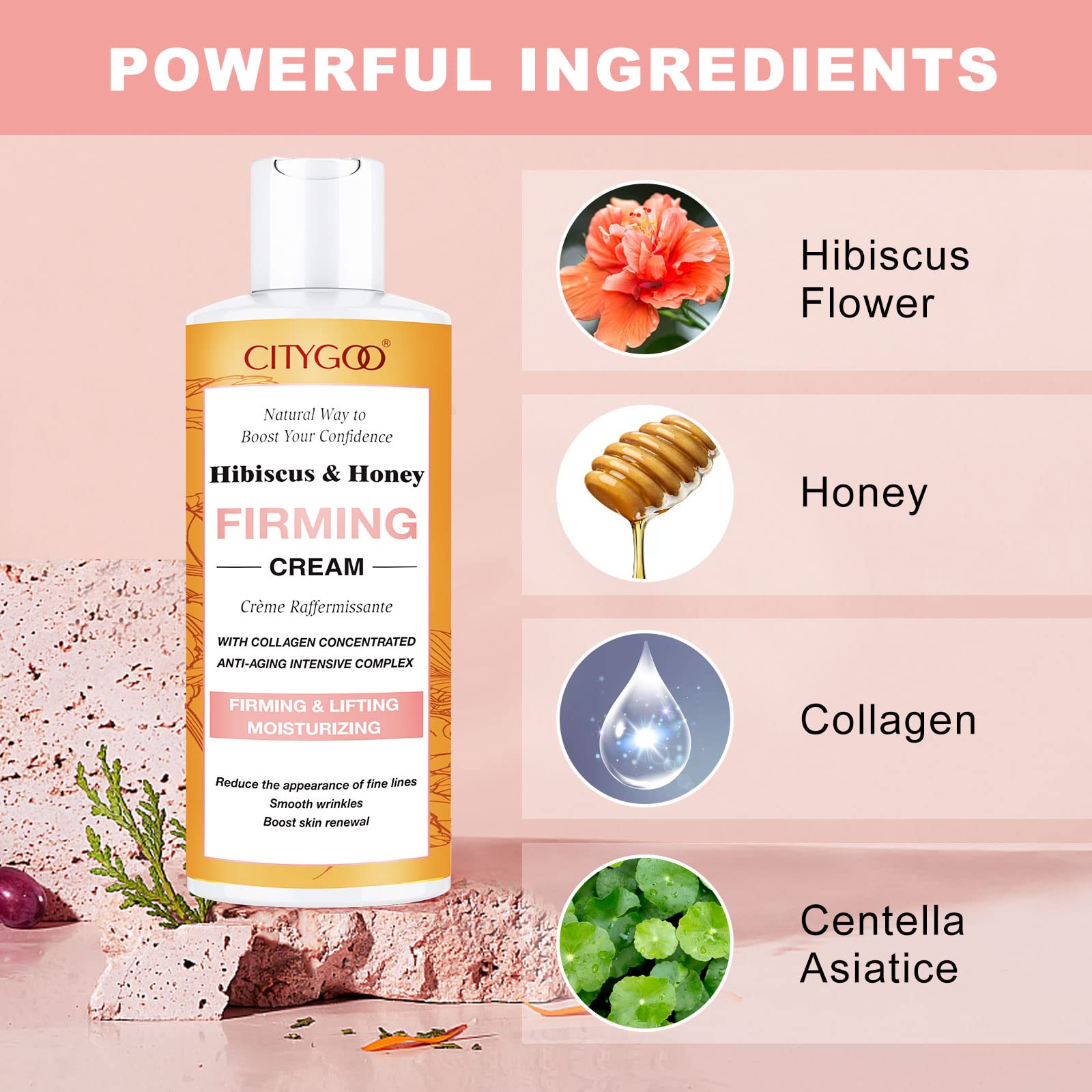 CITYGOO Hibiscus and Honey Neck Firming Cream bottle close-up with gift-ready packaging
