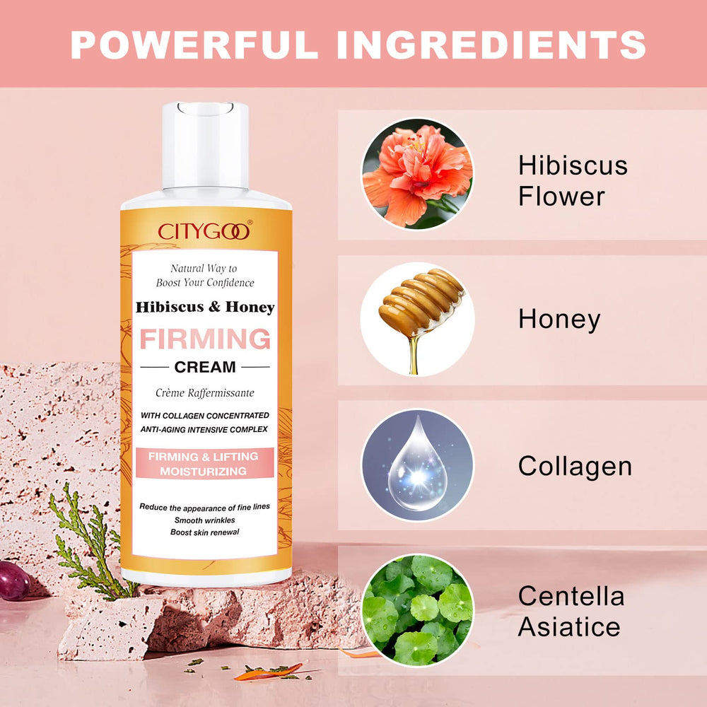 CITYGOO Hibiscus and Honey Neck Firming Cream bottle close-up with gift-ready packaging