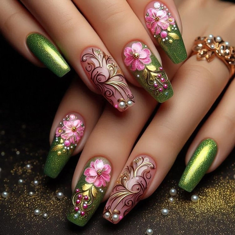 CJDLTS flower nails with green French tip, long length for elegant manicures