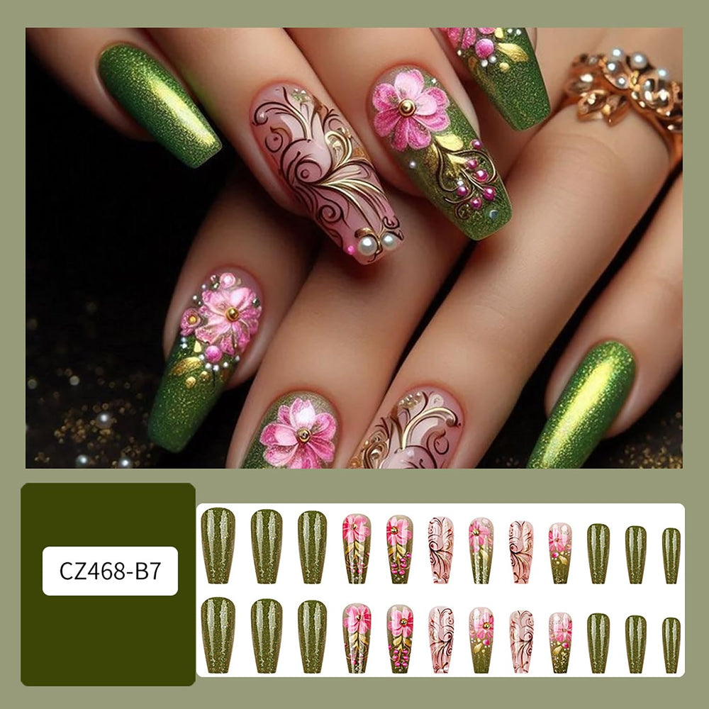 CJDLTS press-on nails with pink floral pearl design for quick glam