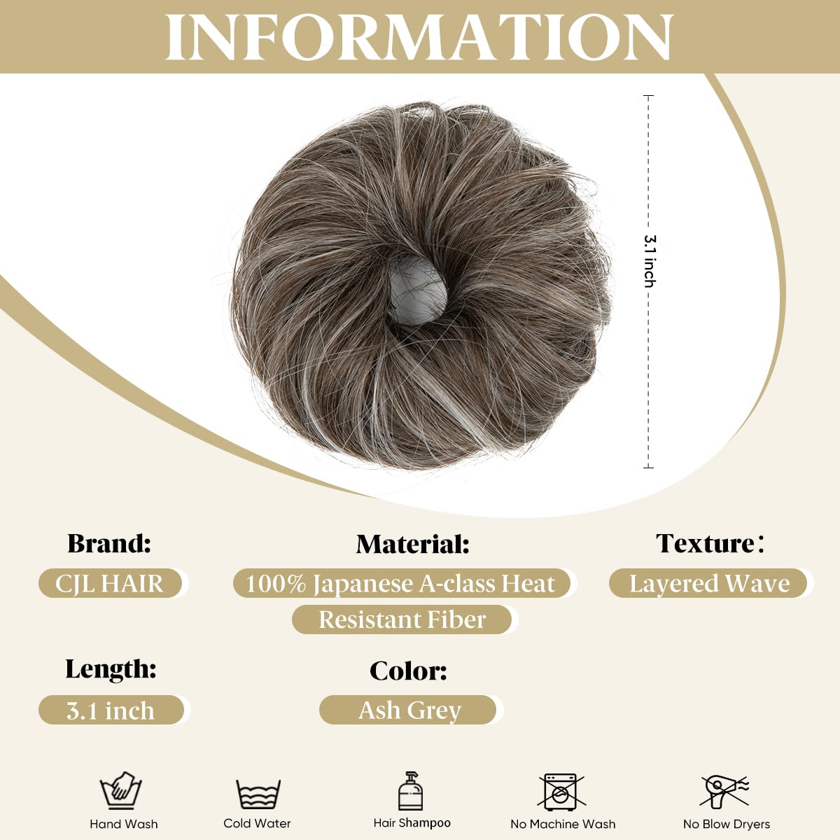 CJL HAIR cat ears bun in ash grey offers versatile styling options for a quick updo.