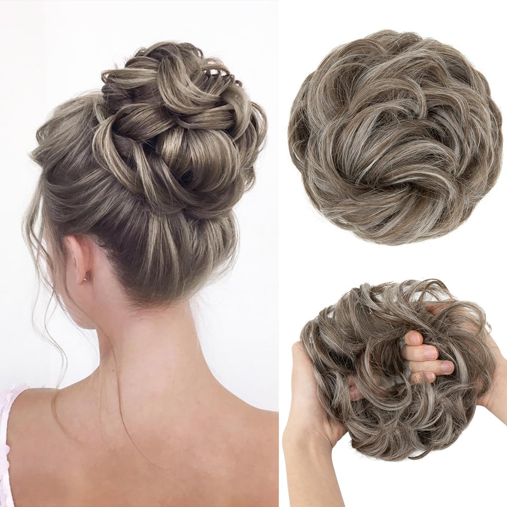 CJL HAIR large messy bun front view with wavy texture and added volume.