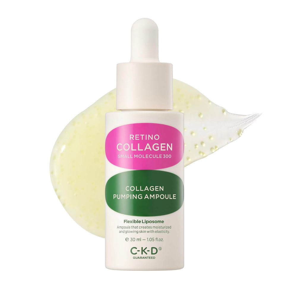 CKD Guaranteed Retino Collagen Pumping Ampoule bottle close-up, premium packaging for daily firming support.