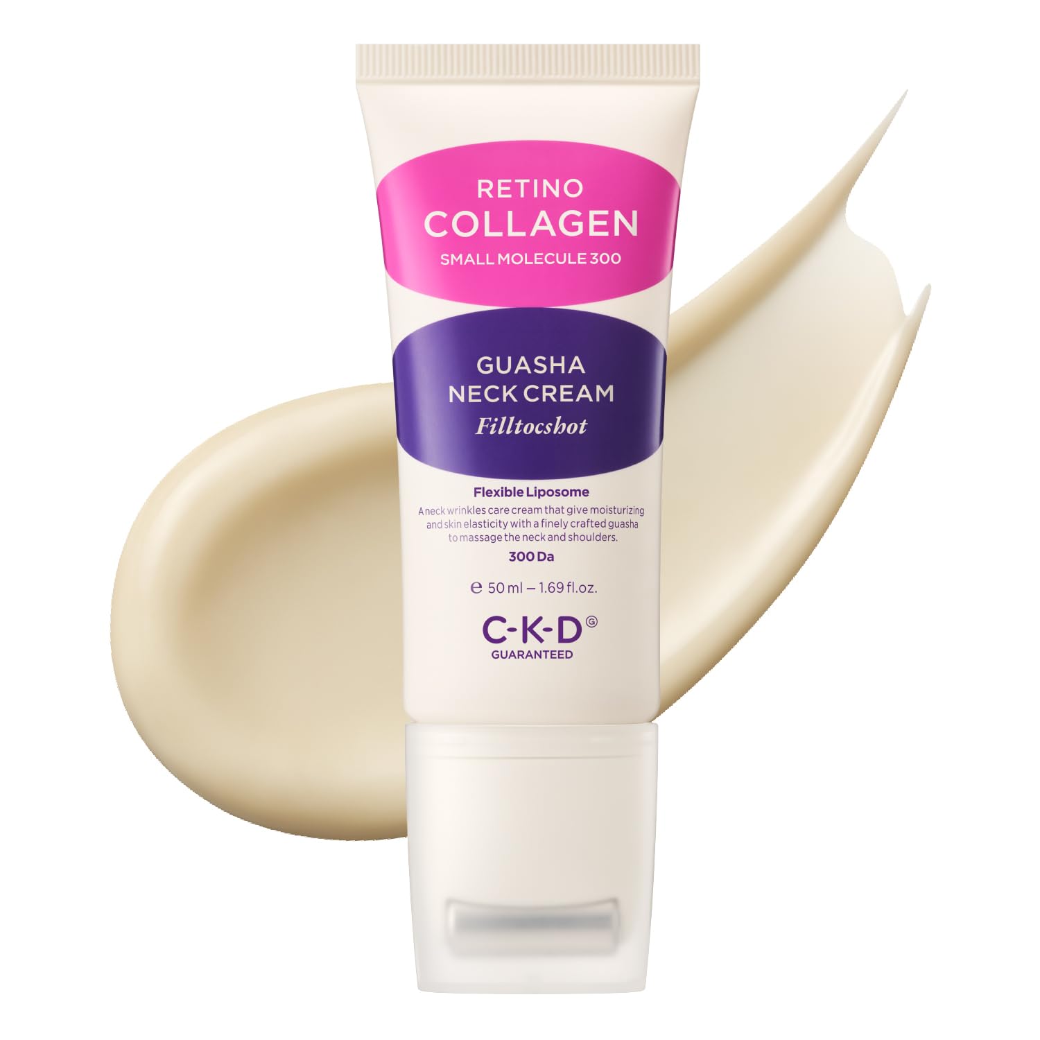 CKD Guaranteed Gua Sha Neck Cream with roller application targets lifting and contouring the neck area.