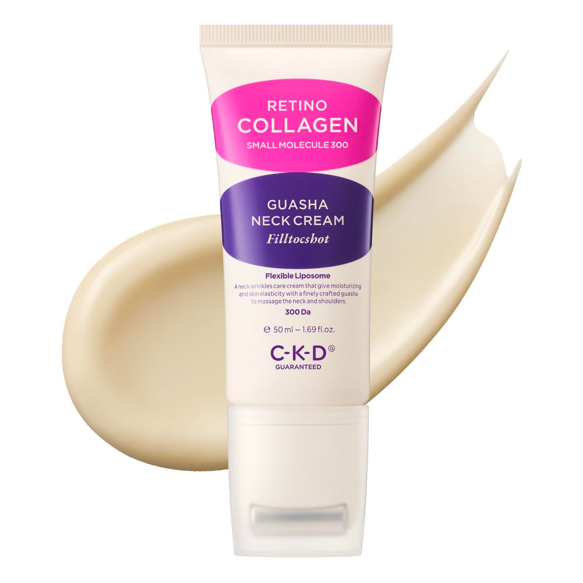 CKD Guaranteed Gua Sha Neck Cream with roller application targets lifting and contouring the neck area.