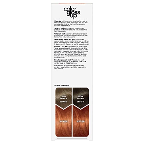 Clairol Color Gloss Up Terra Copper hair shows a rich gloss finish.