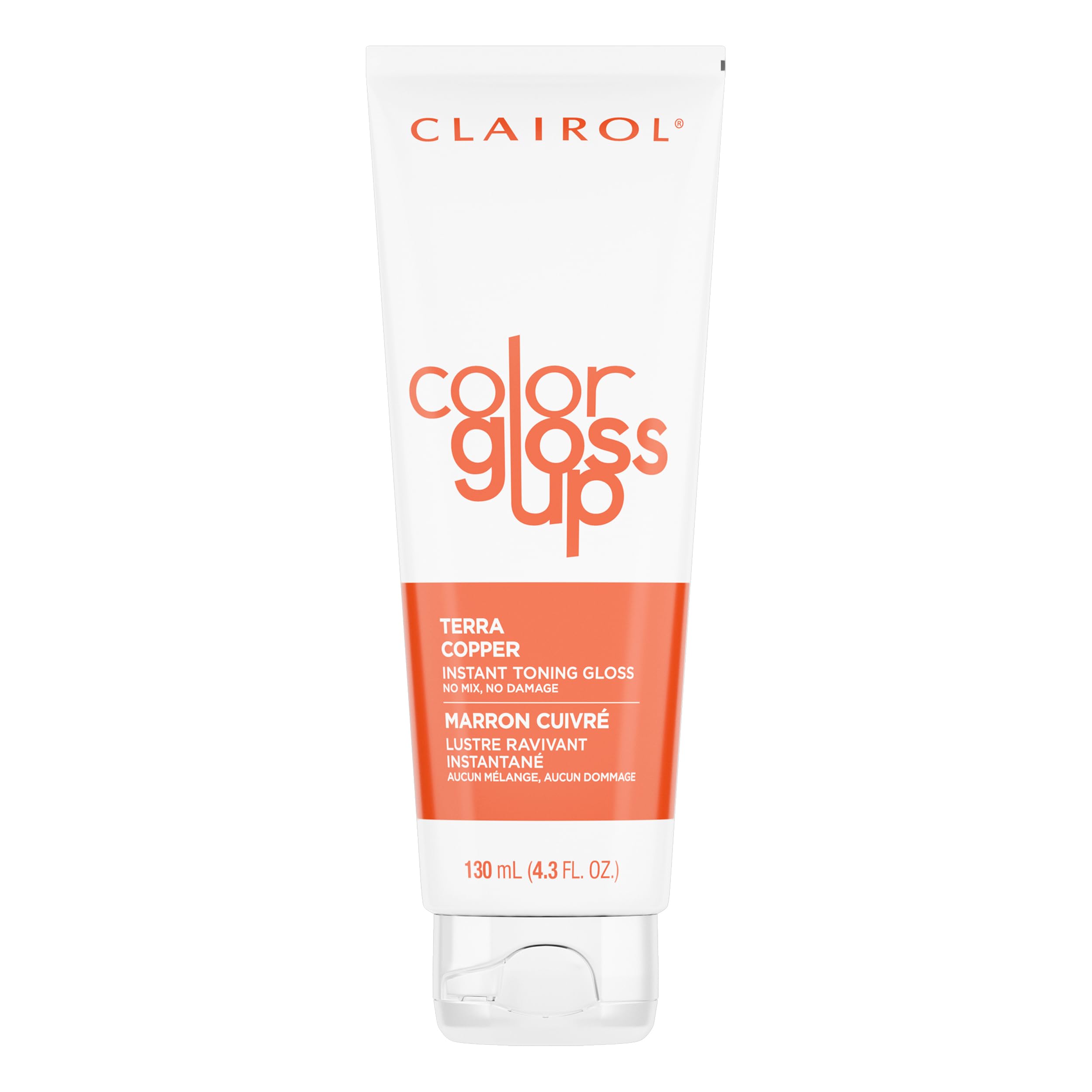 Clairol Color Gloss Up Terra Copper tube applying color for vibrant shine.