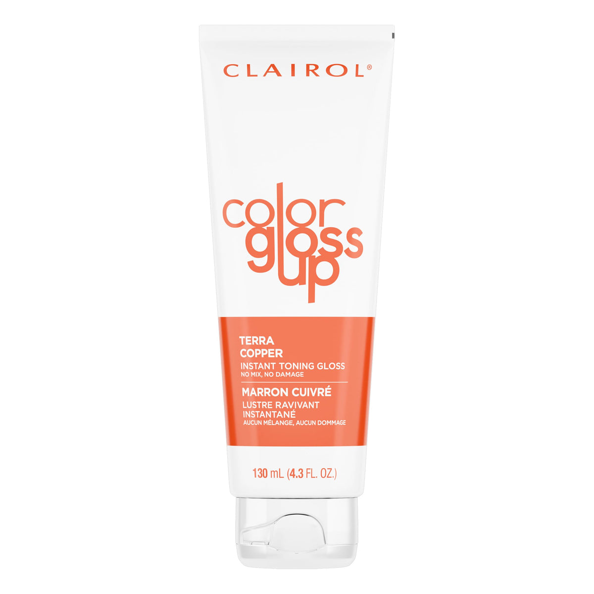 Clairol Color Gloss Up Terra Copper tube applying color for vibrant shine.