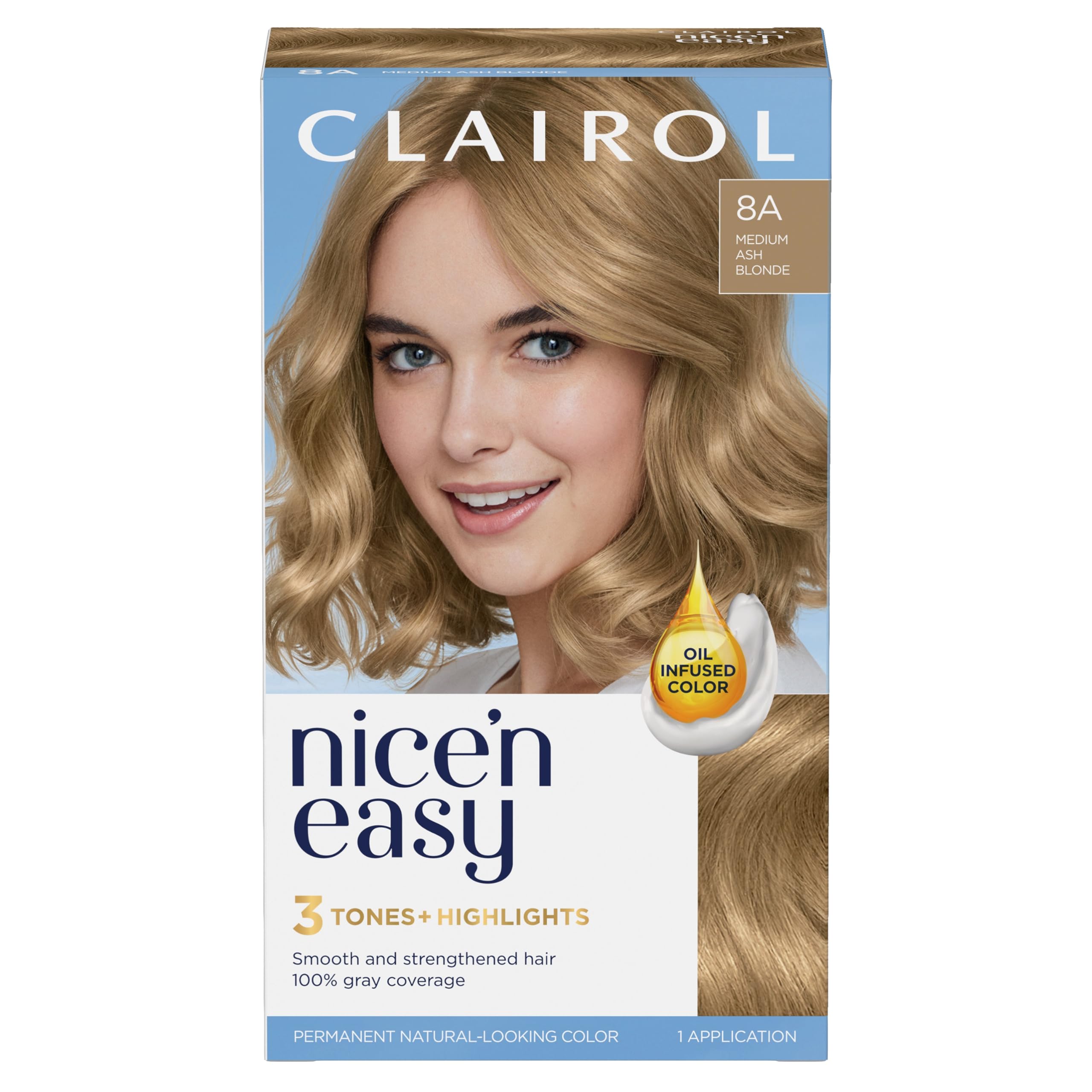 Clairol Nice'n Easy 8A color kit for permanent ash blonde color.