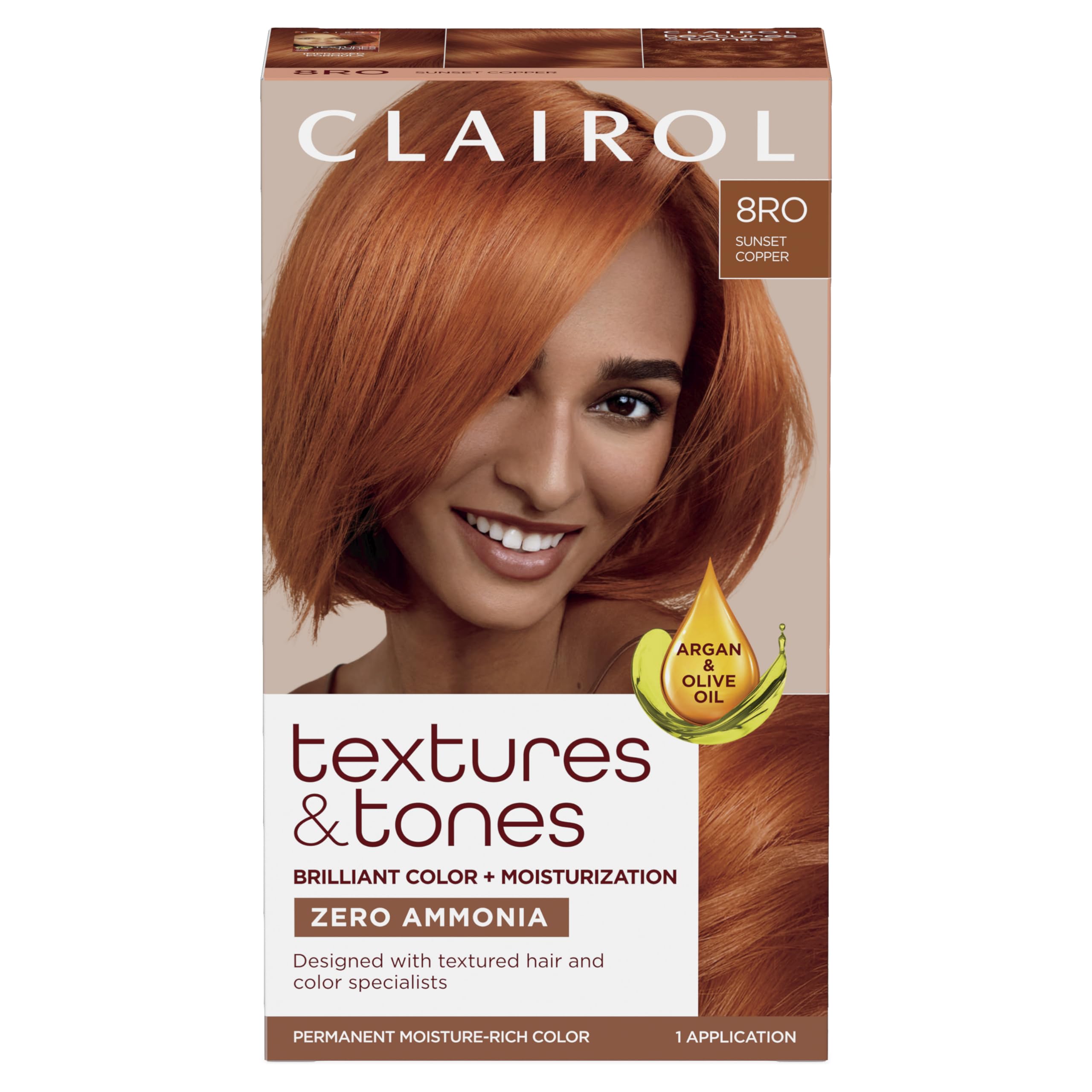 Clairol Textures & Tones 8RO Sunset Copper bottle for vibrant color on textured hair.