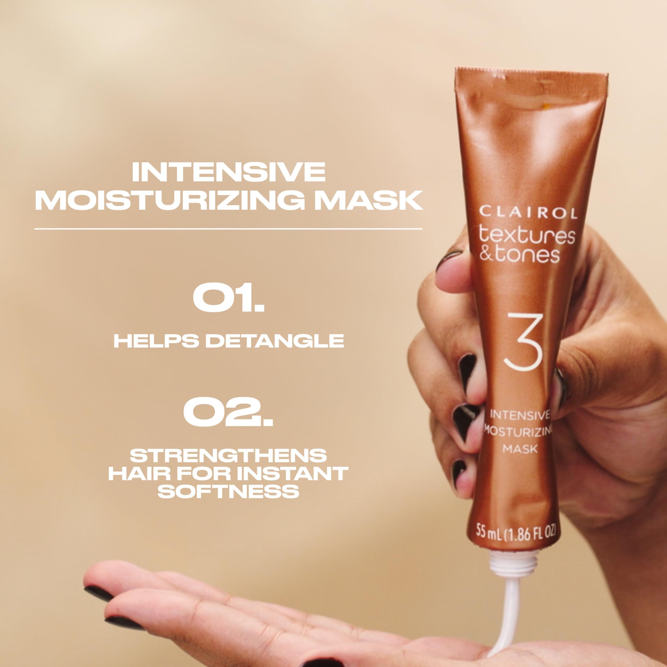 Clairol Textures & Tones color processing with moisturizing care visuals.
