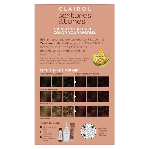 Clairol Textures and Tones Crimson Red box shows complete dye kit for textured hair.