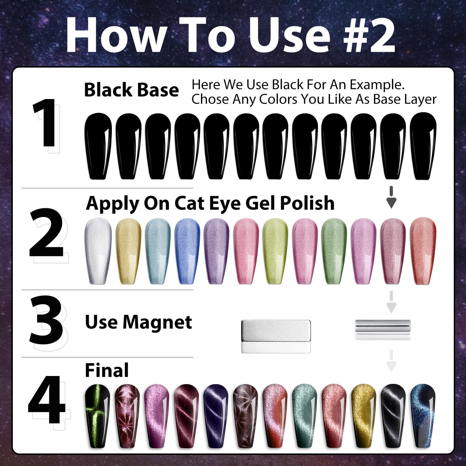 Clara Colors cat eye gel polish adds dimensional depth with magnetic effect.