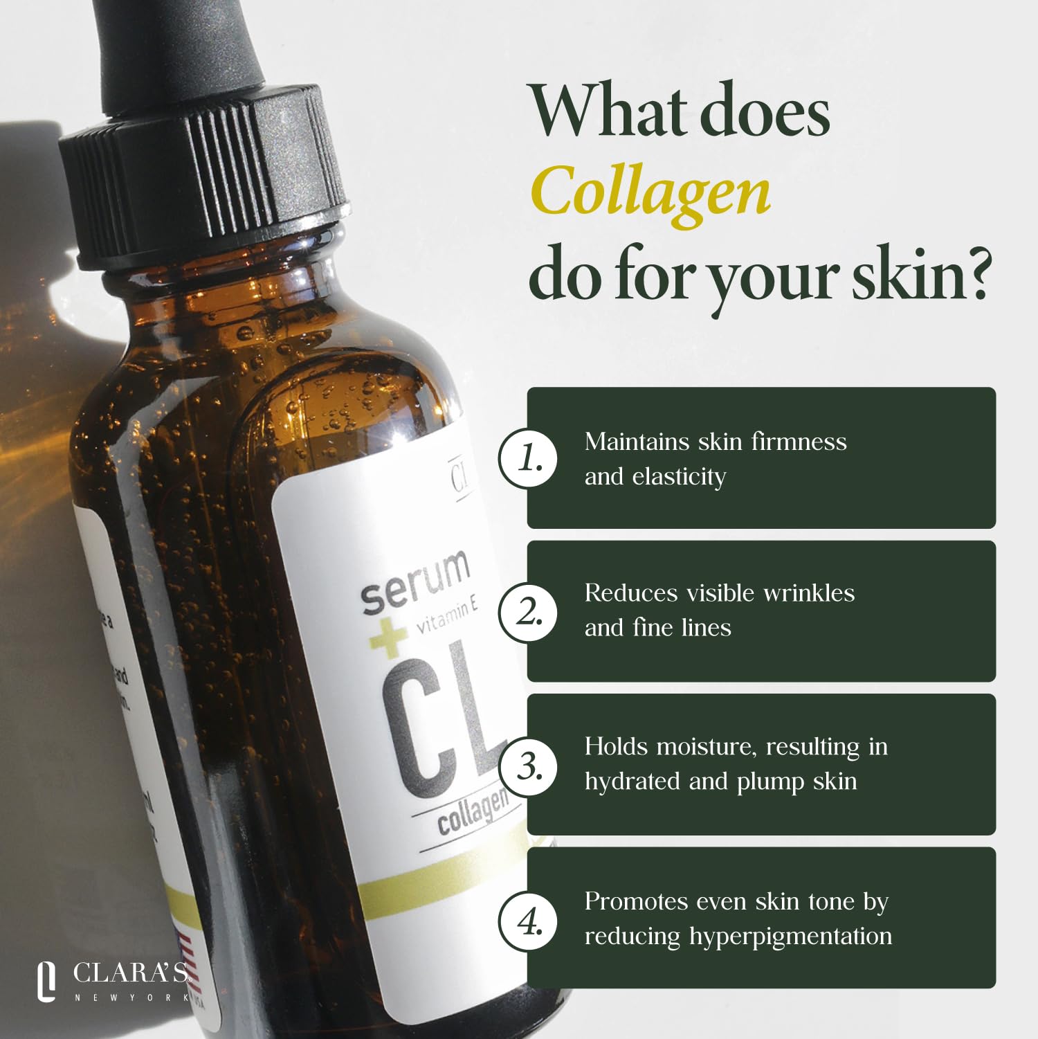 Clara's New York collagen serum dropper enables precise, smooth application.
