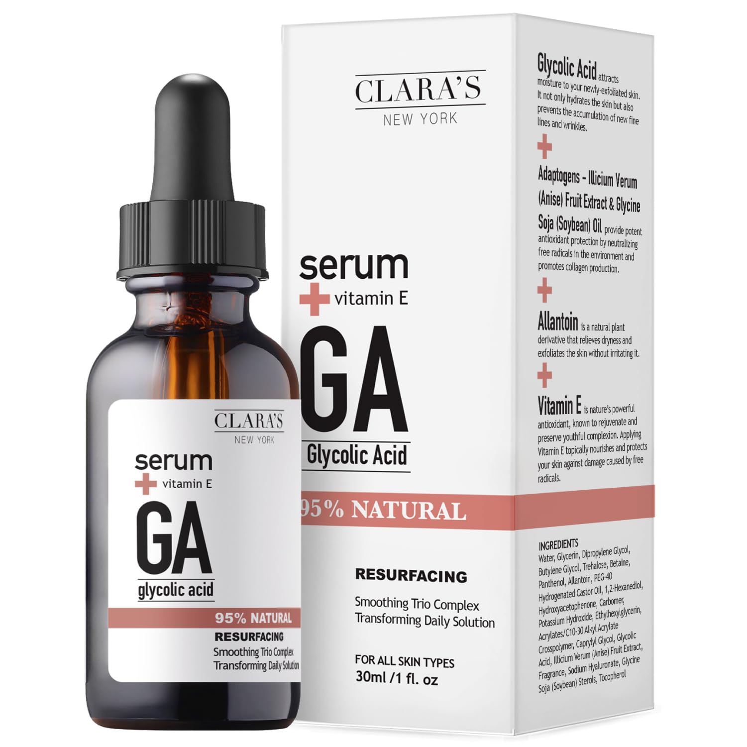 CLARA'S NEW YORK glycolic serum bottle with dropper for precise application and glowing skin.