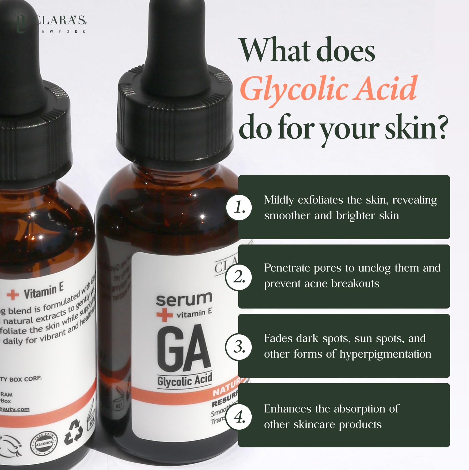 CLARA'S NEW YORK glycolic serum label close-up highlighting clean beauty and USA-made quality.