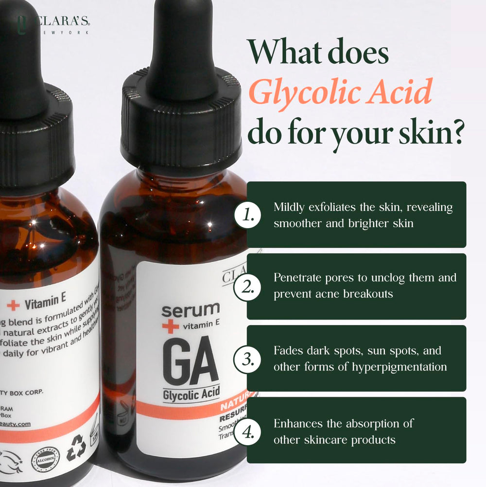 CLARA'S NEW YORK glycolic serum label close-up highlighting clean beauty and USA-made quality.