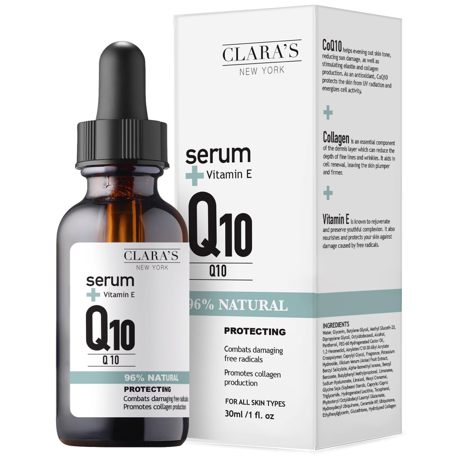 CLARA'S NEW YORK Q10 serum bottle closeup demonstrates hydrating formula for radiant skin.