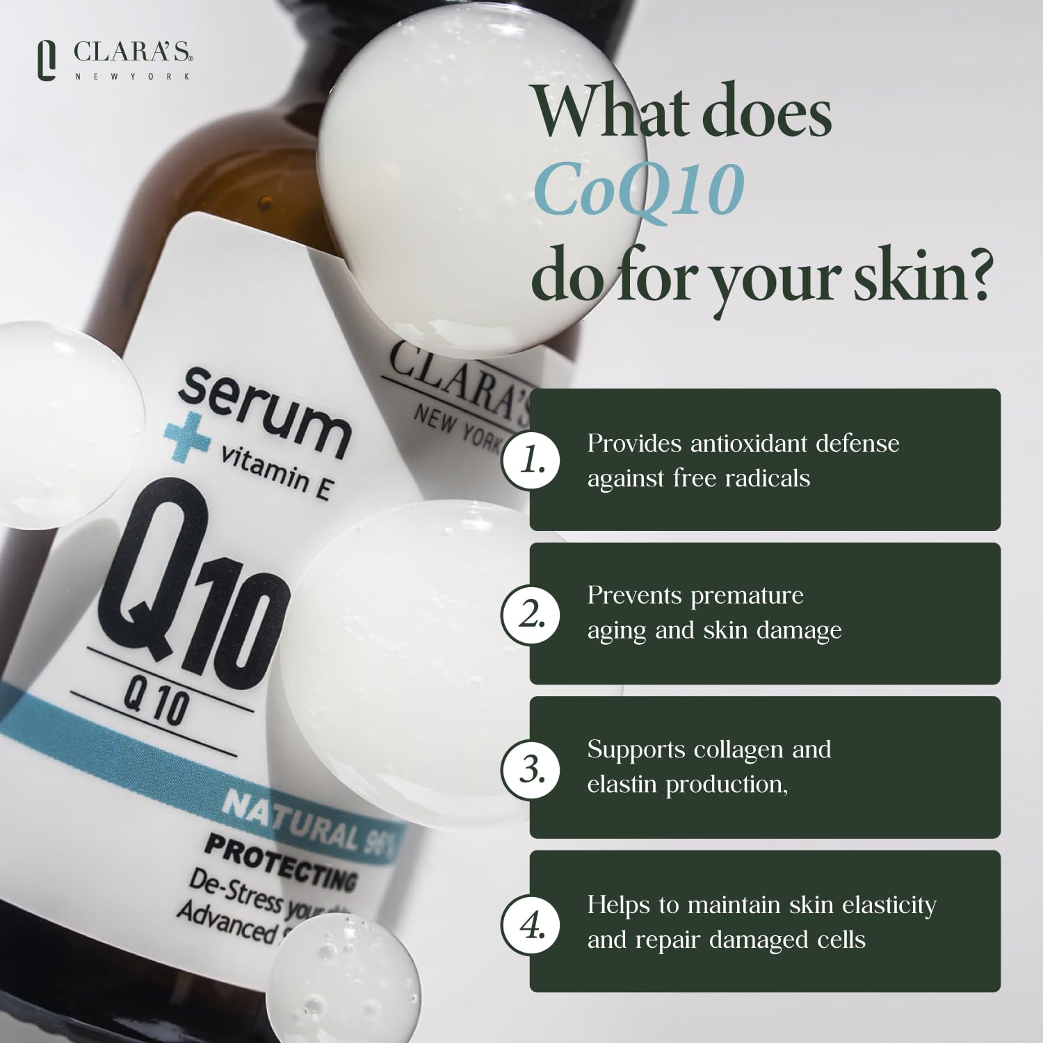CLARA'S NEW YORK Q10 serum daily-use-packaging highlights gentle, travel-friendly application.