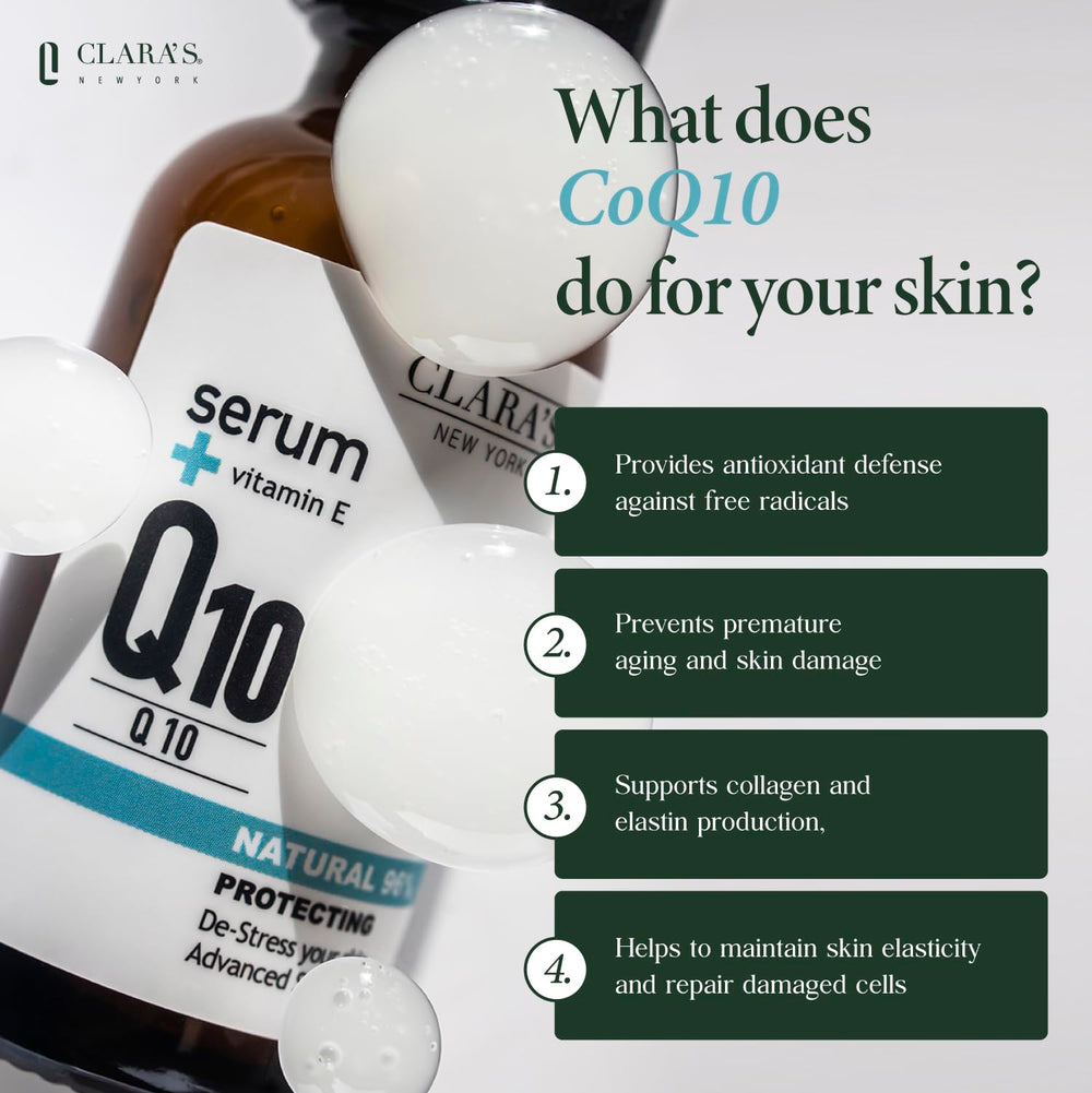CLARA'S NEW YORK Q10 serum daily-use-packaging highlights gentle, travel-friendly application.
