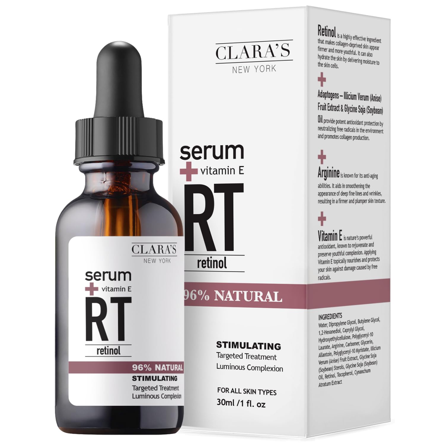 CLARA'S NEW YORK Retinol Serum bottle close-up highlighting premium packaging and hydrating formula.