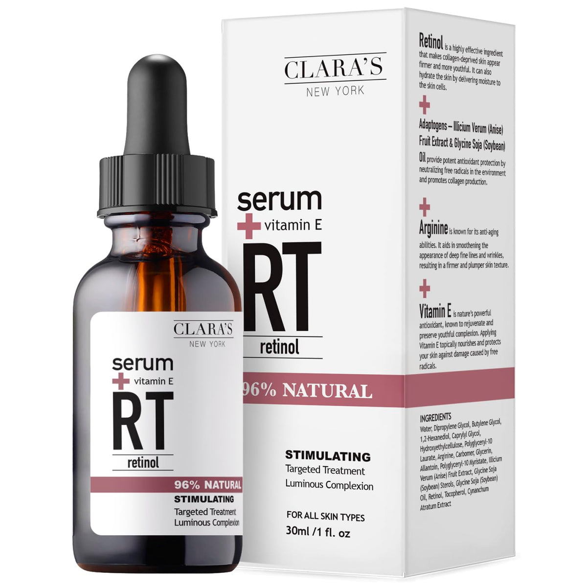 CLARA'S NEW YORK Retinol Serum bottle close-up highlighting premium packaging and hydrating formula.